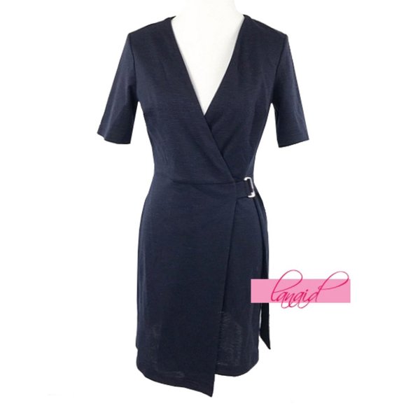 Topshop Belted Wrap Mini Dress Navy V-Neck Surplice Criss-Cross Crisscross Belt - Picture 5 of 12